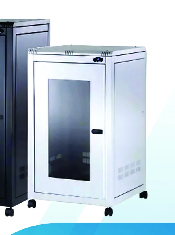 Aadi Infotech floor mount racks in black and white finishes, side by side