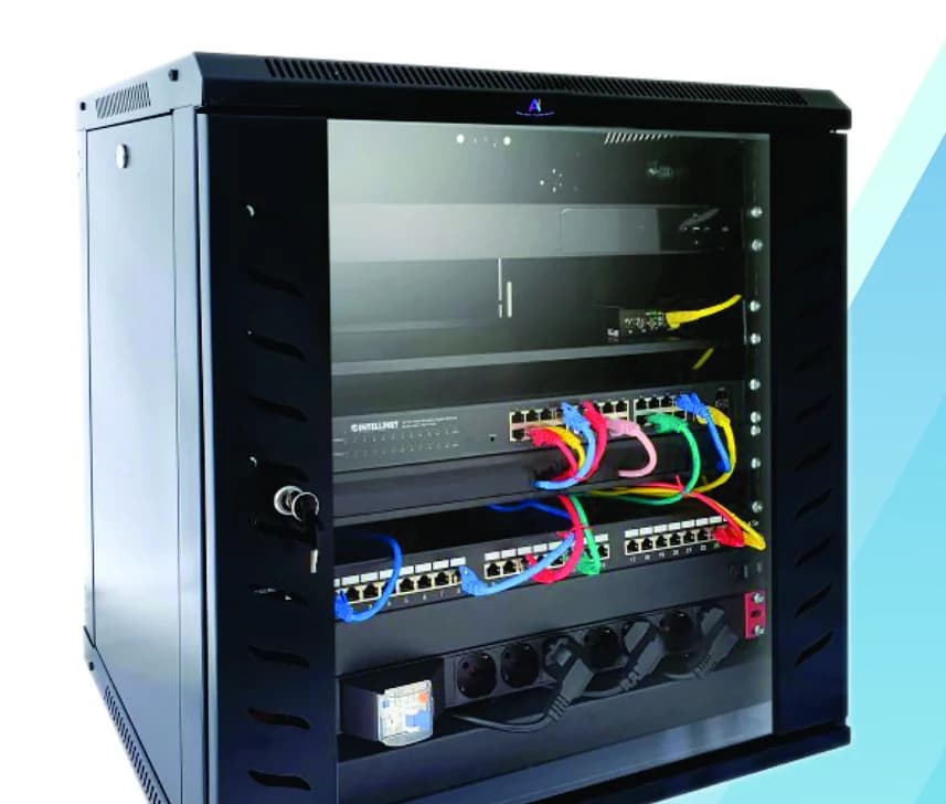 Wall mount rack with patch panels and switch fitted